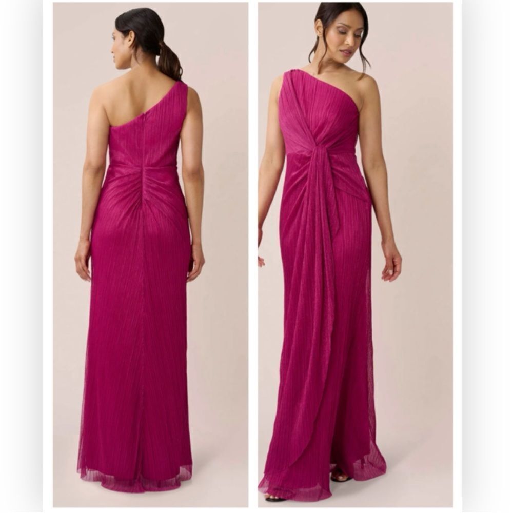 Adrianna Papell Fuchsia One-Shoulder Pleated Maxi Dress